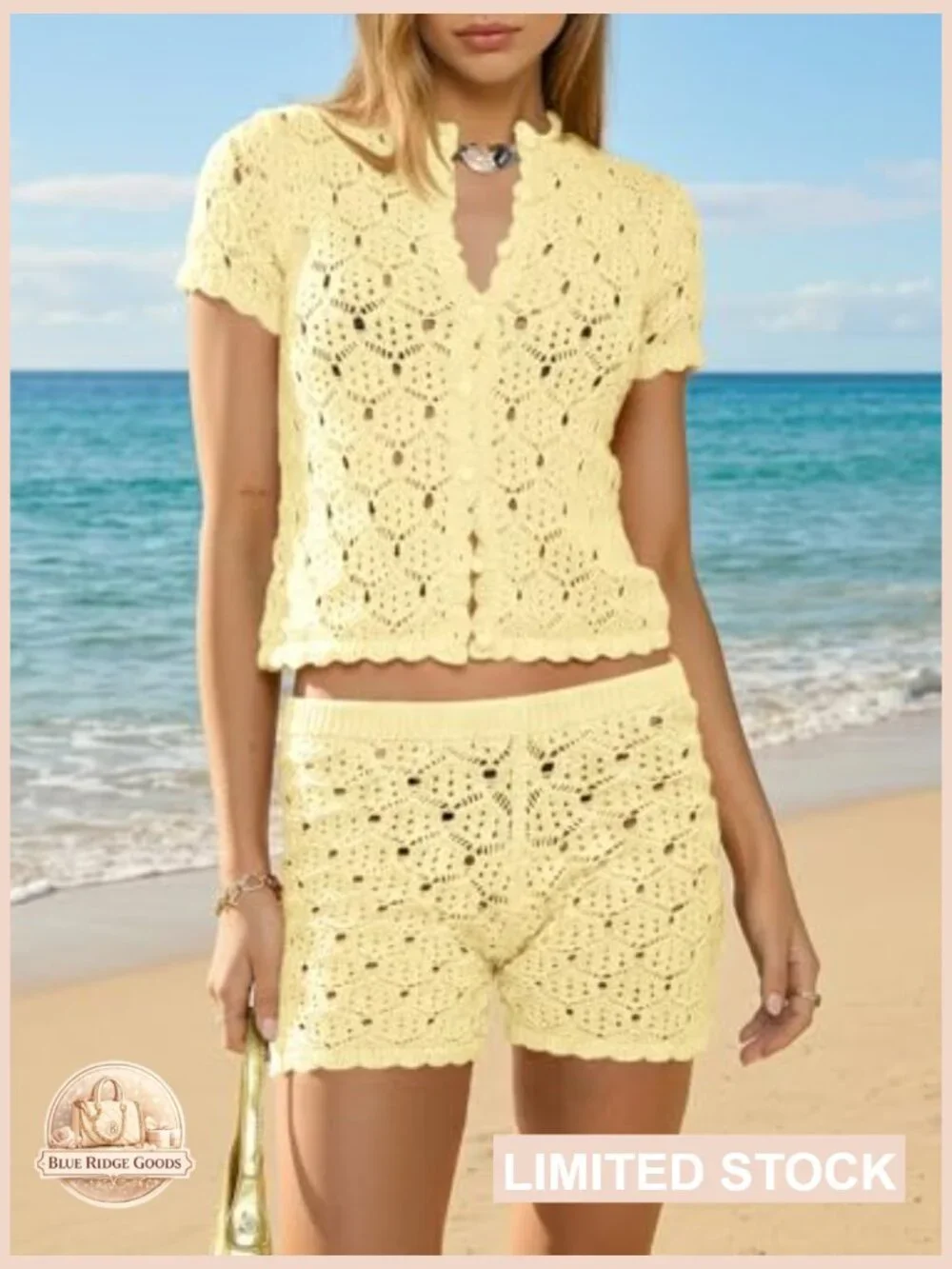 Crochet Cover Up Set Y2K Chic Beach Shorts Button Crop Top Summer Swimsuit - Picture 3 of 6